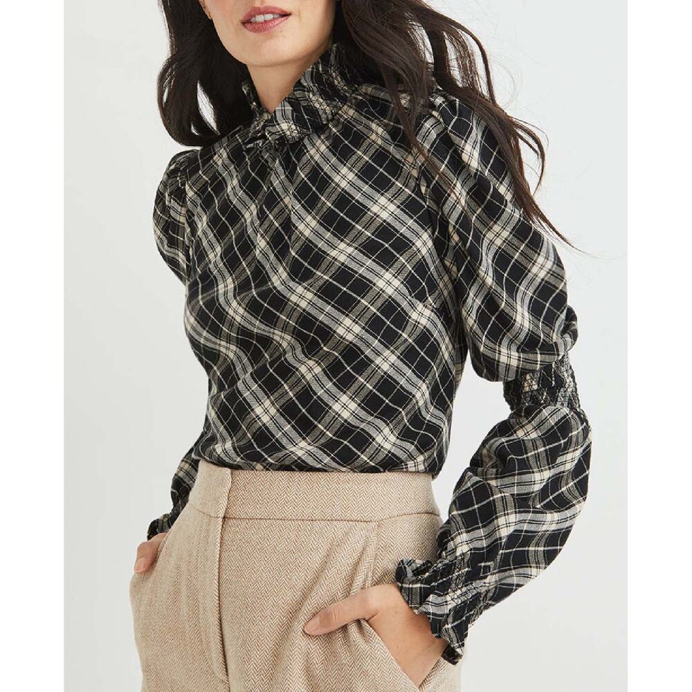 Veroncia Beard Corbie Top Black Ecru Metallic Plaid Ruffle Blouson Sleeve SZ 4